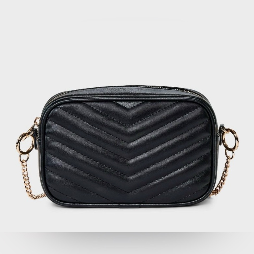 Quilted Camera Crossbody Bag , A New Day, Black Faux Leather Chain Strap